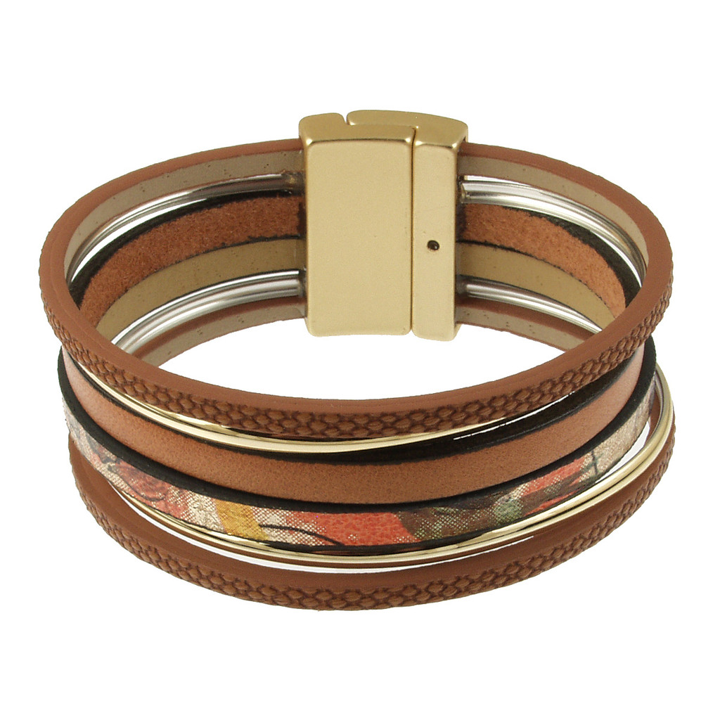 6692-35 - LIGHT MATTE GOLD/BROWN-ORANGE PRINT BRACELET - 7.25"