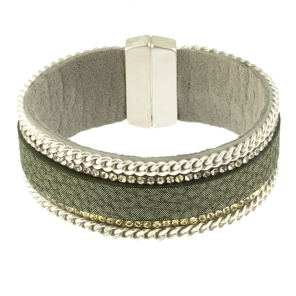6669-11 - MATTE SILVER/GREEN/CRYSTAL BRACELET - 7.25"