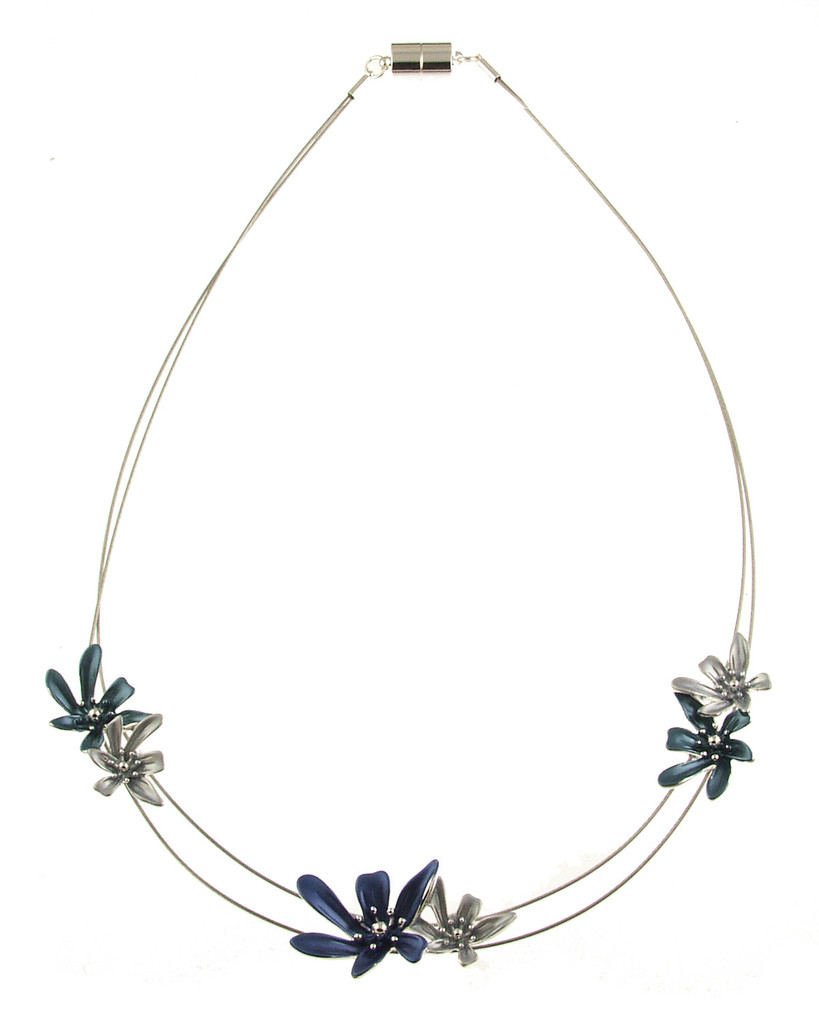381-2 - SHINY SILVER/BLUE FLOWER NECKLACE - 18"