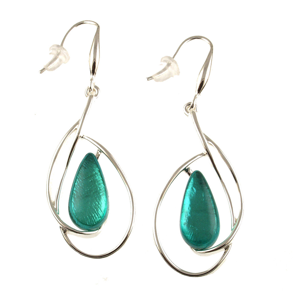 757-22 - SHINY SILVER/TURQUOISE LOOP EARRING 