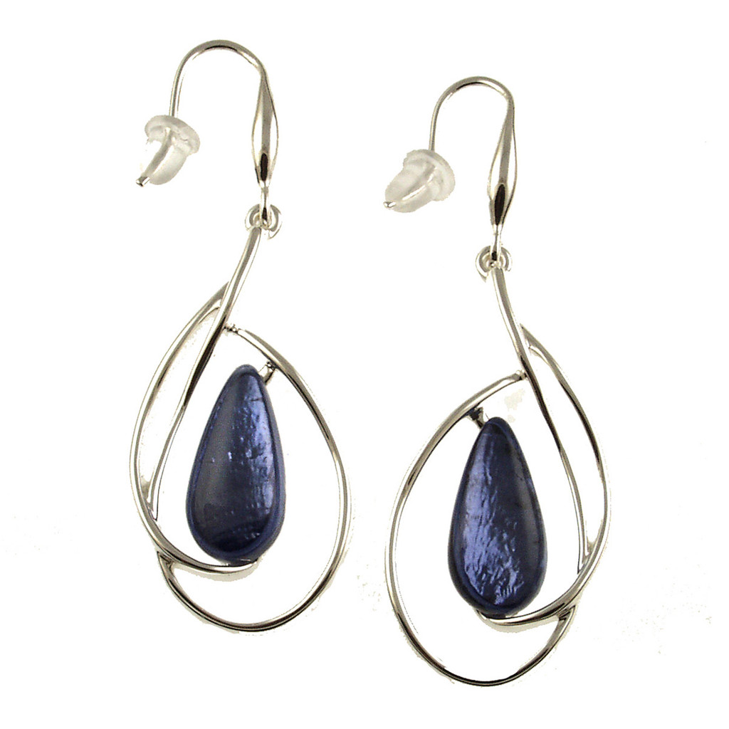 757-28 - SHINY SILVER/DARK BLUE LOOP EARRING 