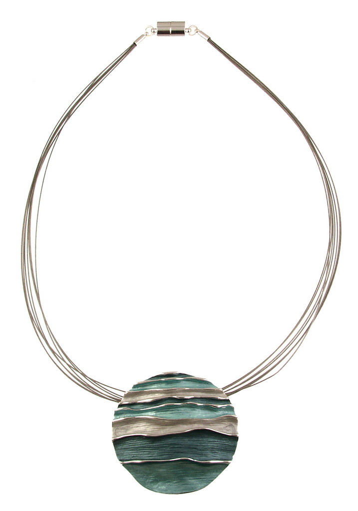 285-2 - SHINY SILVER/BLUE/TEAL WAVES PENDANT 18"