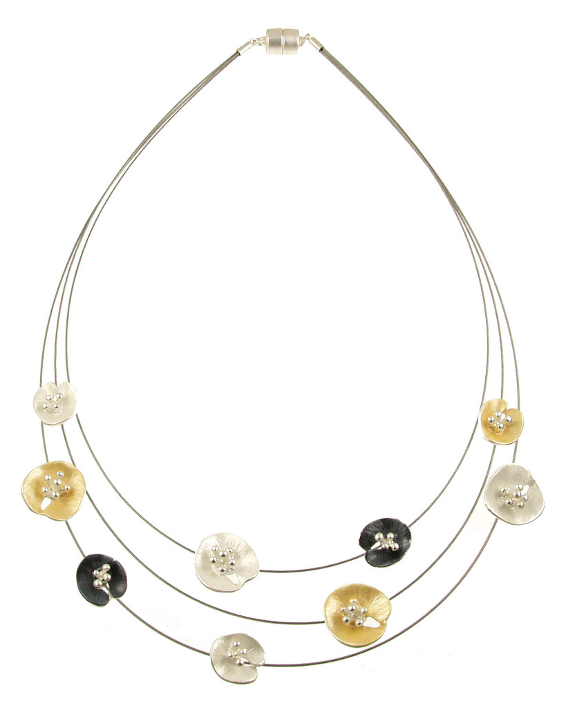 6752-7 - THREE STRAND LILY PAD NECKLACE - GREY-GOLD COMBINATION 18"