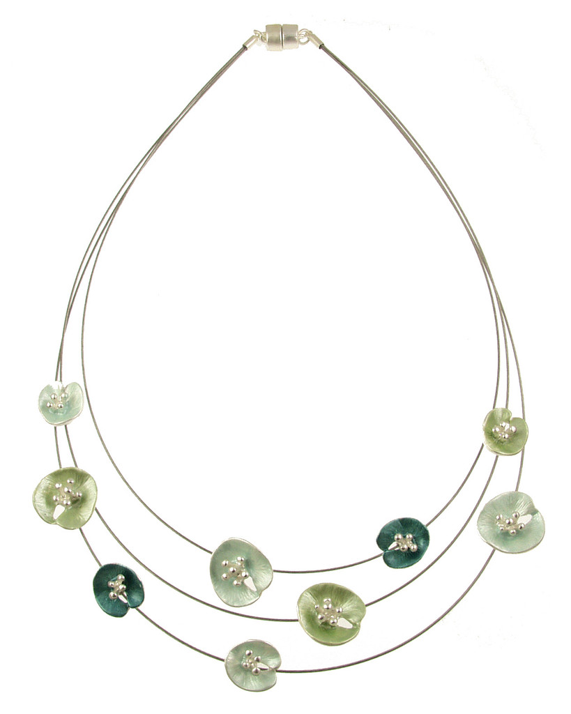 6752-3 - THREE STRAND LILY PAD NECKLACE - AQUA-GREEN COMBINATION 18"