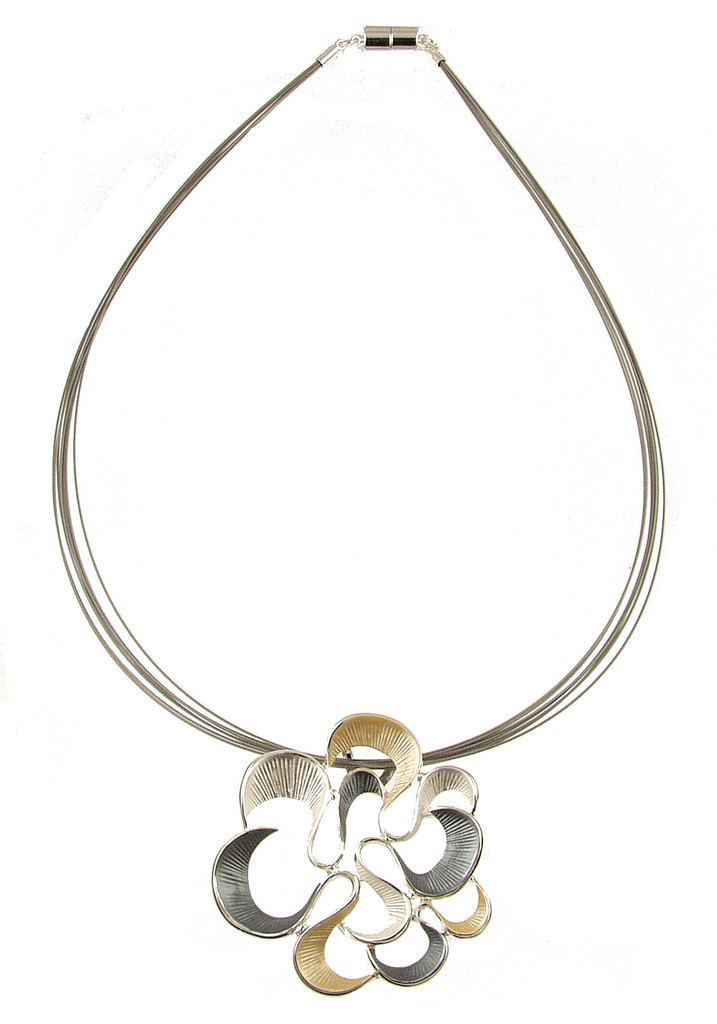 339-7 - SHINY SILVER FLOWER PENDANT - GOLD COMBINATION - 18"