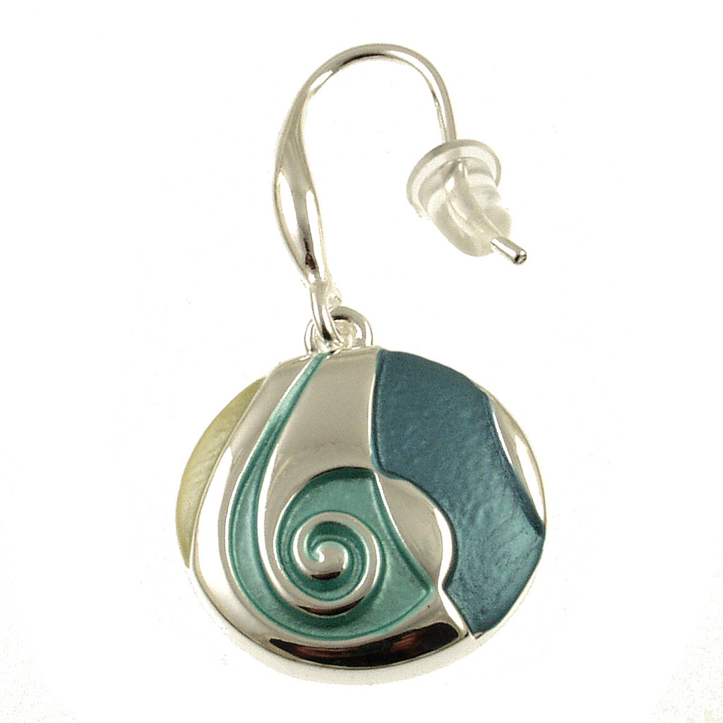 408-3 - SHINY SILVER SWIRL EARRING - TEAL/GREEN COMBINATION 