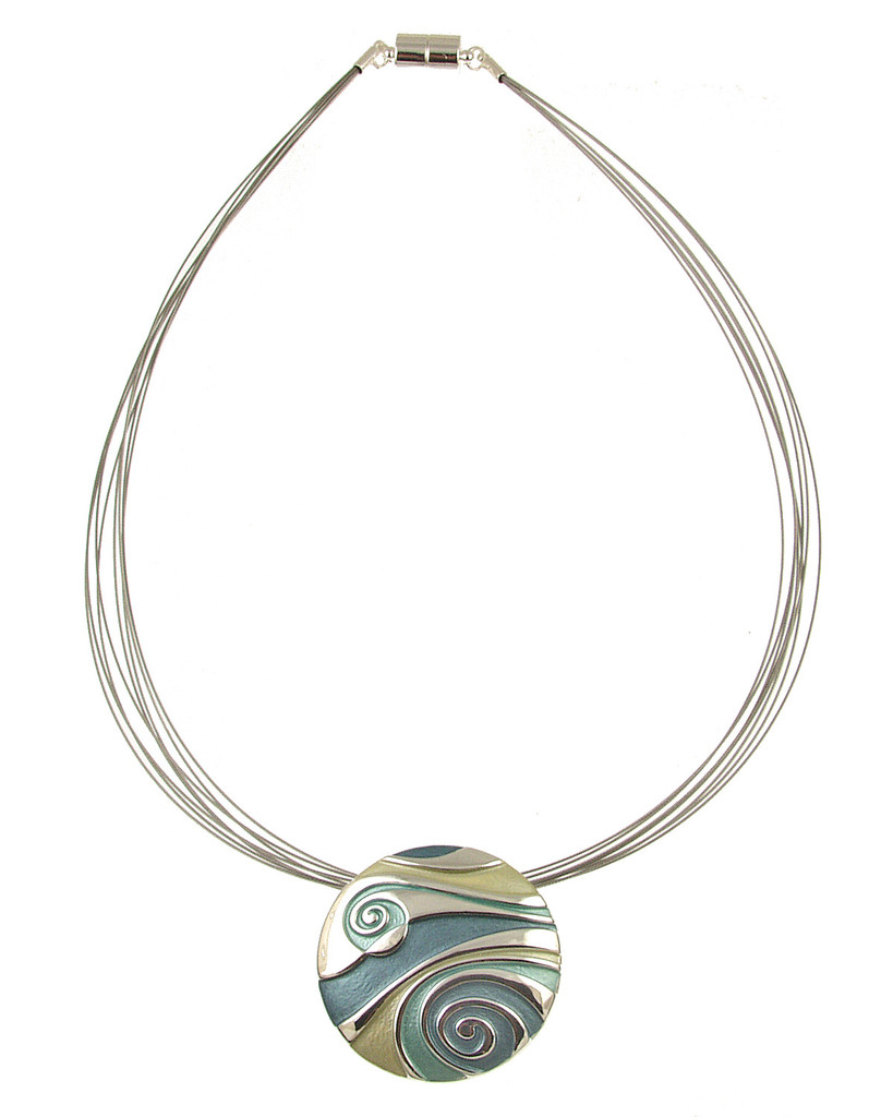 407-3 - SHINY SILVER SWIRL PENDANT - TEAL/GREEN COMBINATION 18"