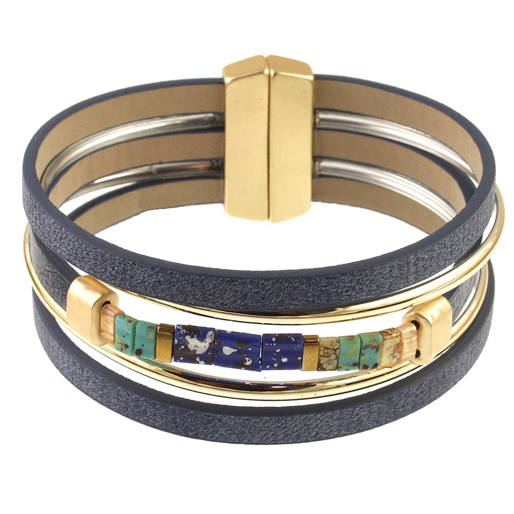 635-2 - LIGHT MATTE GOLD/NAVY BLUE GLASS BRACELET - 7.25"