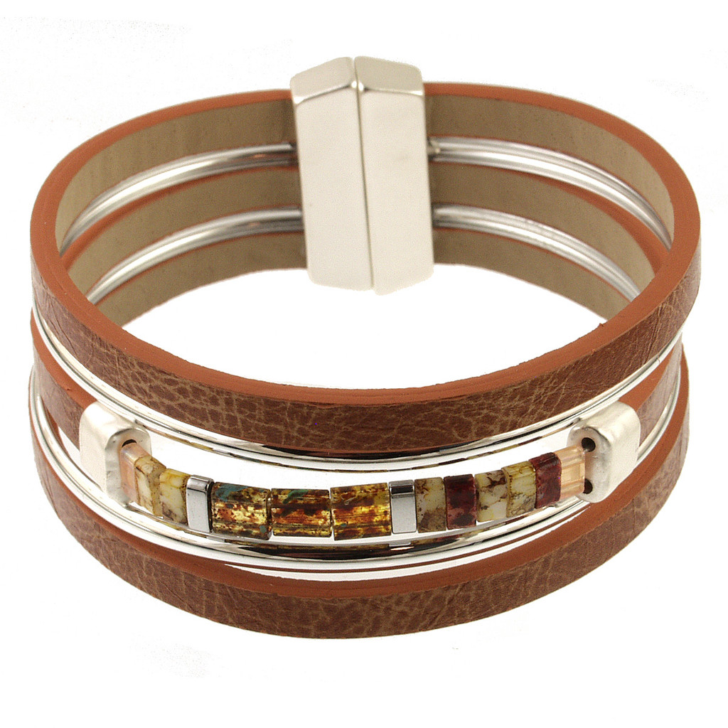 635-3 - MATTE SILVER/BROWN GLASS BRACELET - 7.25"