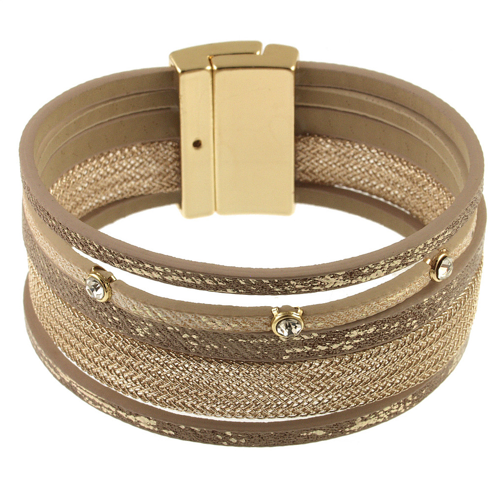 689-2 - SHINY GOLD/BROWN PRINT/CRYSTAL BRACELET - 7.25"