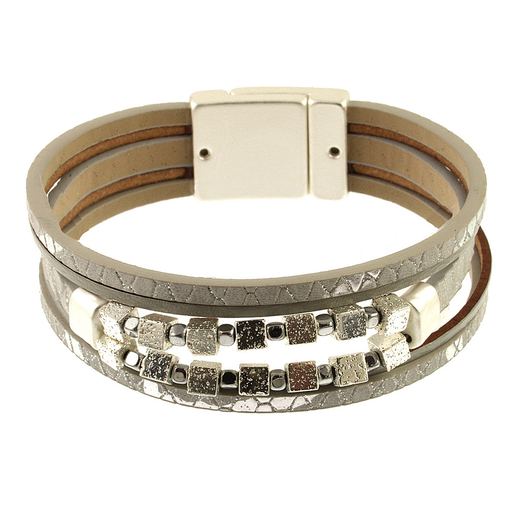 626-1 - MATTE SILVER/SHINY SILVER/LIGHT GREY CUBE BRACELET - 7.25"