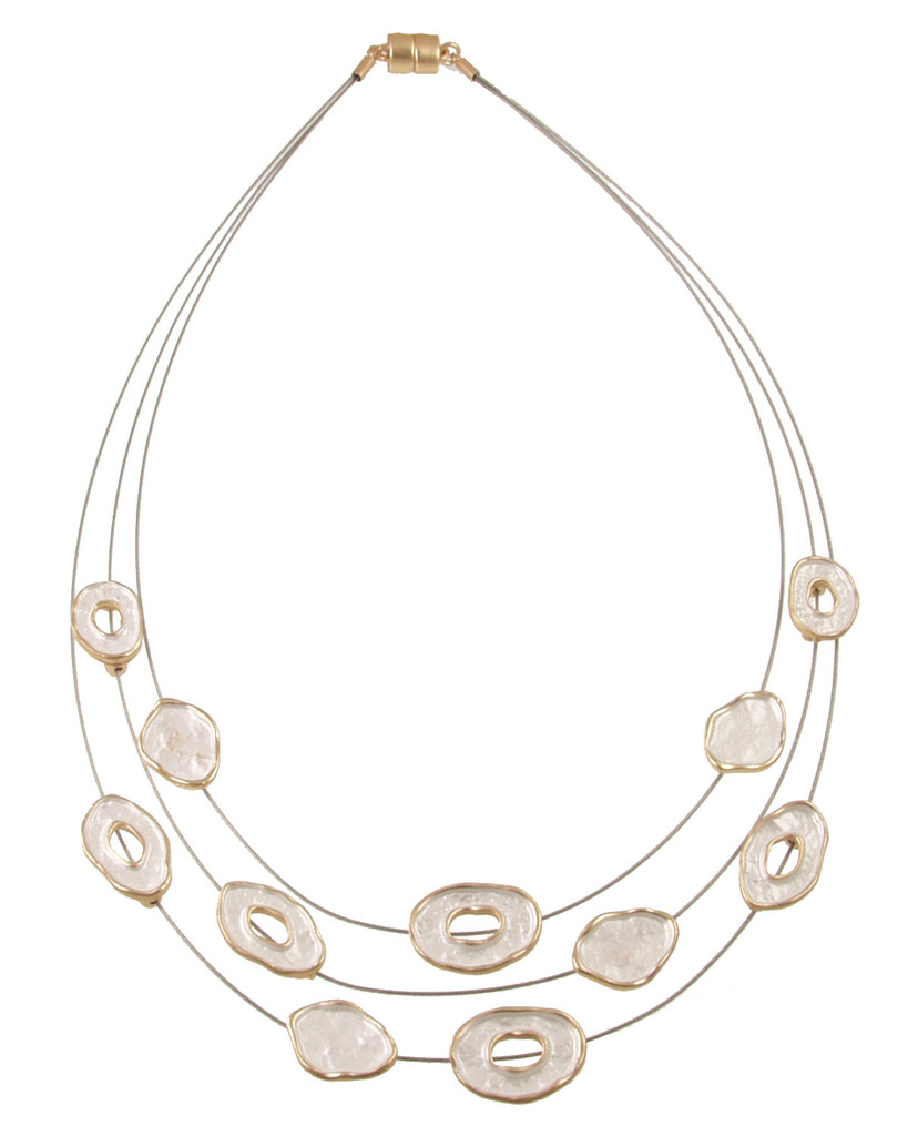 3163-88 - THREE STRAND ORGANIC OVAL NECKLACE - WHITE-GOLD COMBINATION 18"