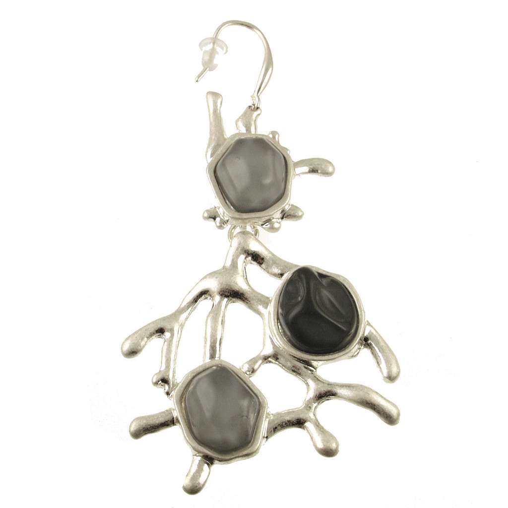 7579-1 - ANTIQUE SILVER/GREY RESIN CORAL EARRING - 3"
