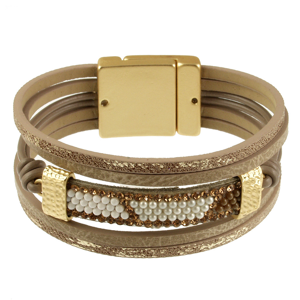 692-2 - LIGHT MATTE GOLD/BROWN-WHITE BEADED BRACELET - 7.25"