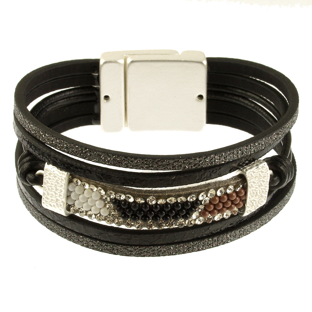 692-1 - MATTE SILVER/BLACK-WHITE BEADED BRACELET - 7.25"