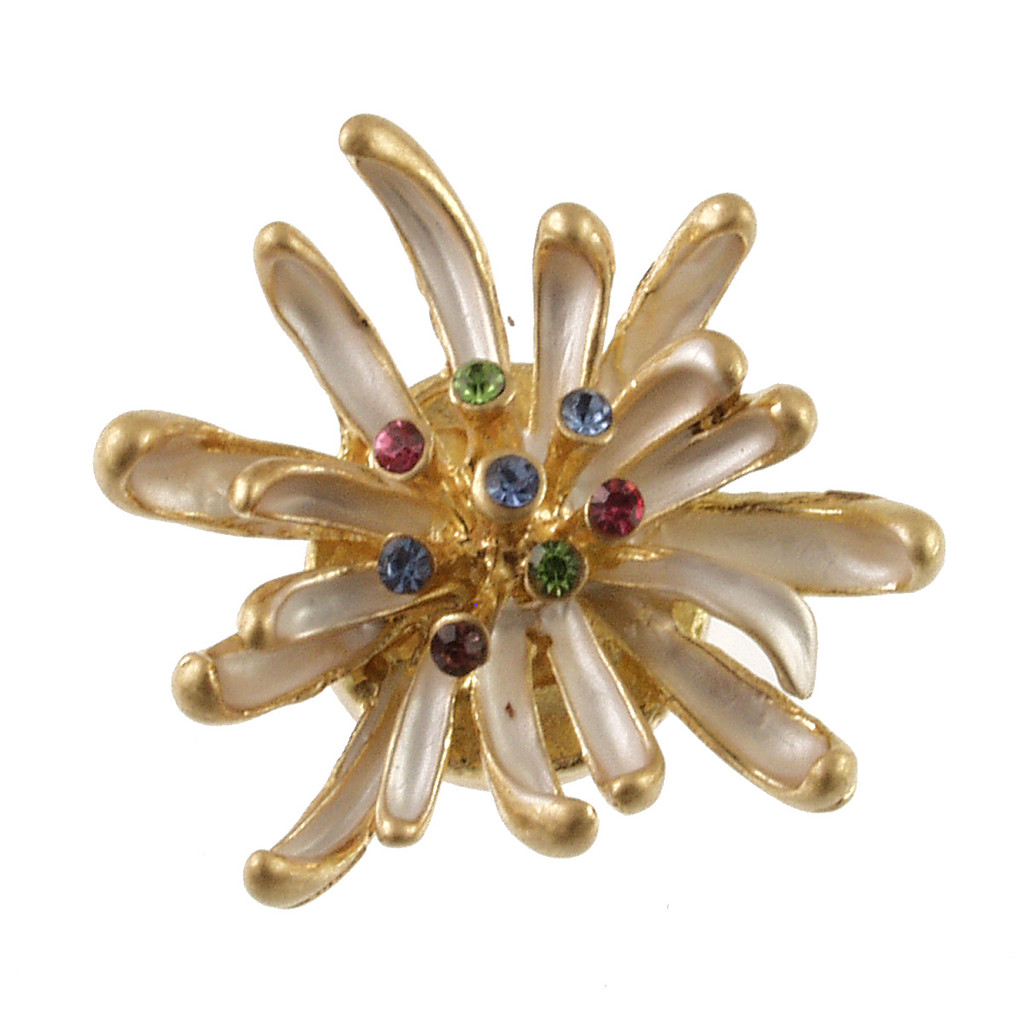 3519-8 - MATTE GOLD/WHITE FLOWER MULTI CRYSTALS BROOCH