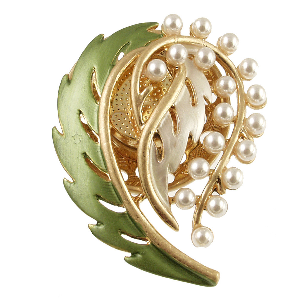 3145-3 - MATTE GOLD/GREEN FEATHER PEARL BROOCH