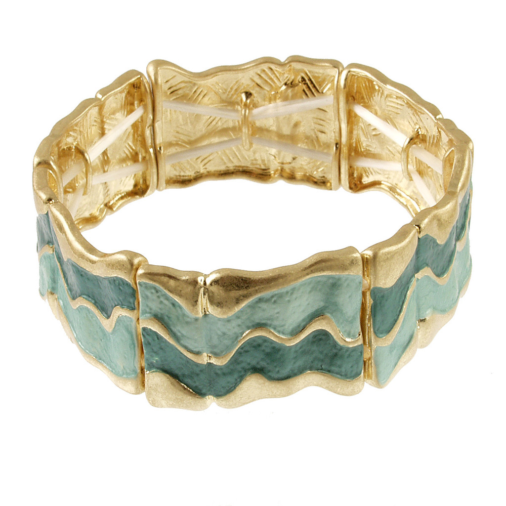 2640-3 - MATTE GOLD/GREEN-AQUA TONE WAVY STRETCH BRACELET