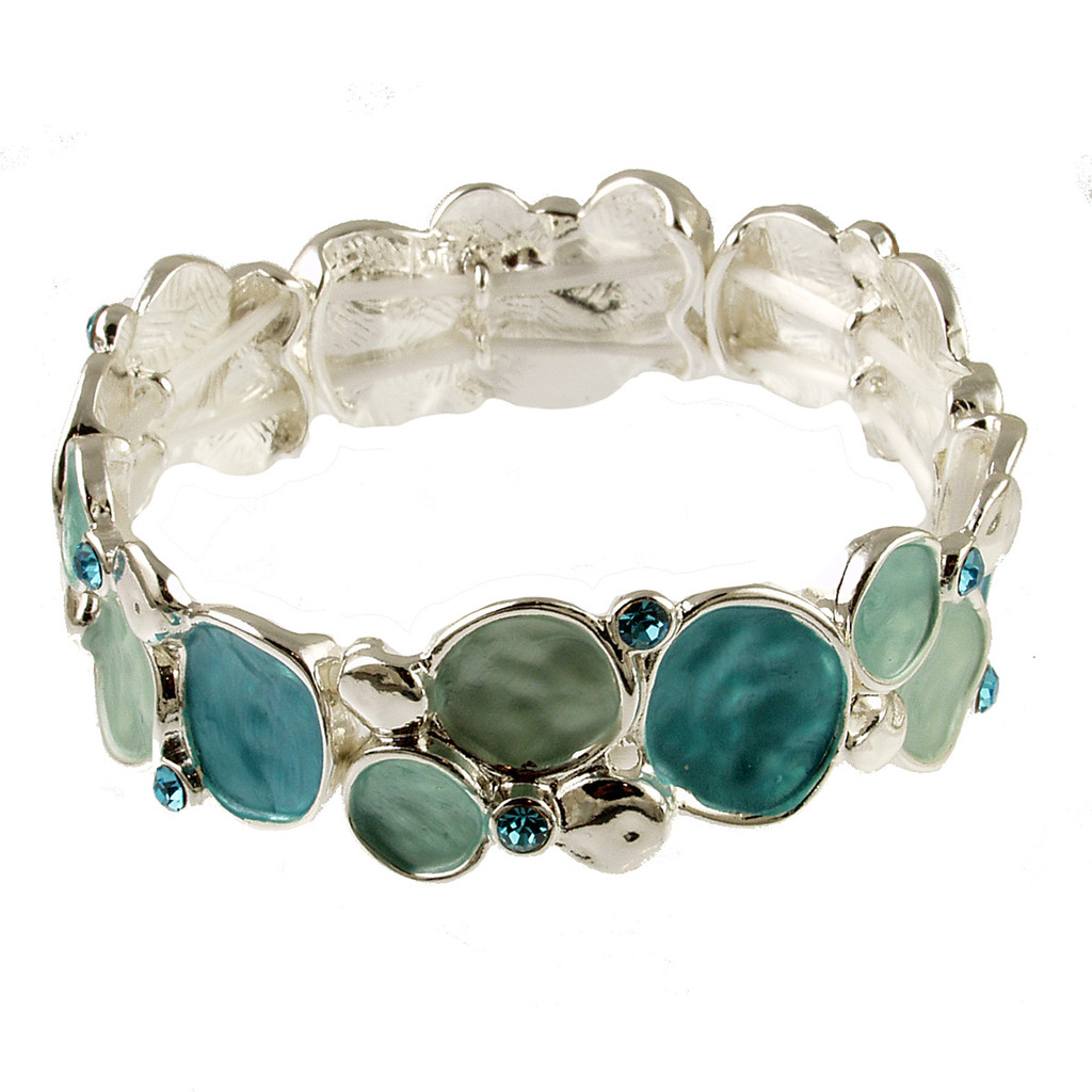 2594-2 - MATTE SILVER/GREEN-AQUA CRYSTAL STRETCH BRACELET