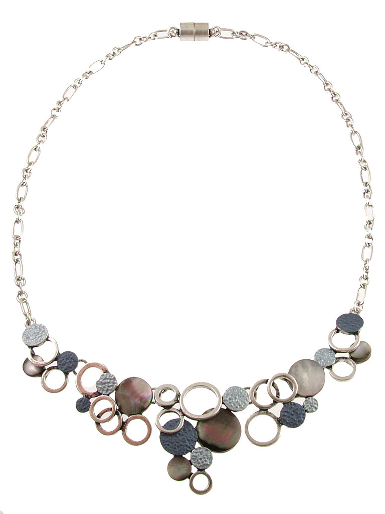 342-1 - MATTE SILVER/BLACK SHELL-BLUE GEOMETRIC NECKLACE - 18"