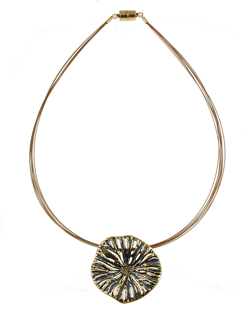 730-2 - TEXTURED ROUND ORGANIC PENDANT - GOLD/BLUE - 18"
