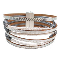 6465--1 - MATTE SILVER/LIGHT GREY METALLIC PRINT/WHITE BEADED BRACELET - 7.25"