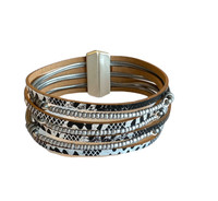 6465-64 - MATTE SILVER/LIGHT GREY METALLIC PRINT/GREY BEADED BRACELET - 7.25"