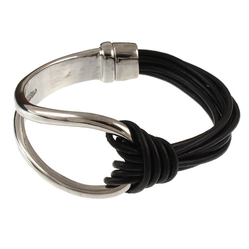 6065-4 - Matte Silver/Black Leather Magnetic Bracelet