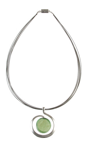 3257-3 - Shiny Silver/Lime Green Swirl Necklace