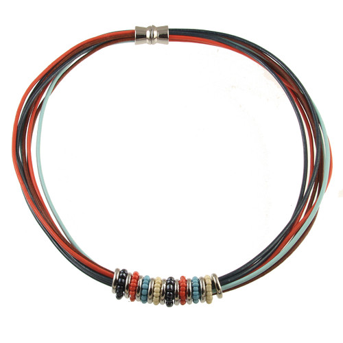 2180-2 - RHODIUM/BEIGE/ORANGE/NAVY BEADED NECKLACE - 17"