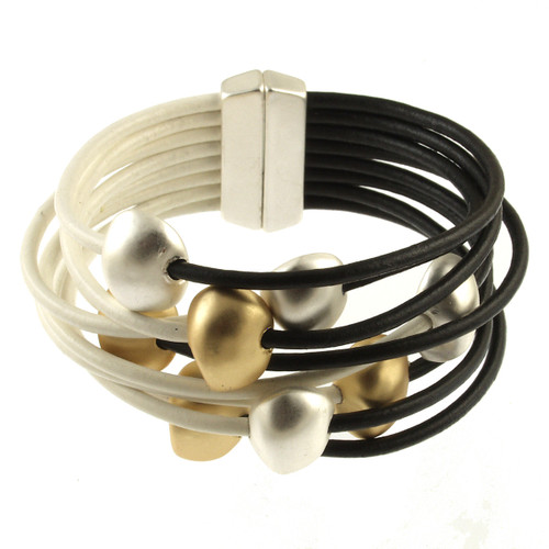 6253-61 - MATTE SILVER/LIGHT MATTE GOLD/IVORY/BLACK TWO TONE BRACELET - 7.25"