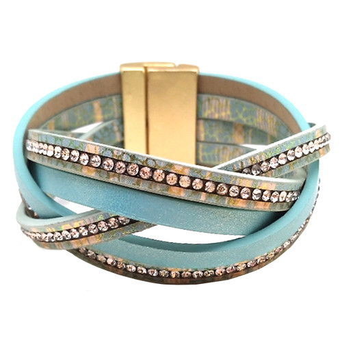 6464-5 - MATTE GOLD/AQUA PRINT CRYSTAL BRACELET - 7.25"