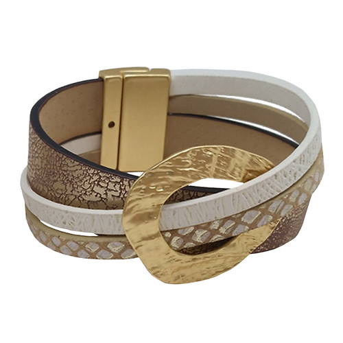 6579-2 - LIGHT MATTE GOLD/IVORY/BROWN CIRCLE BRACELET - 7.25"