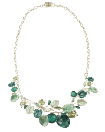 4600-3 - MATTE SILVER/AQUA TONE FLORAL NECKLACE 18"