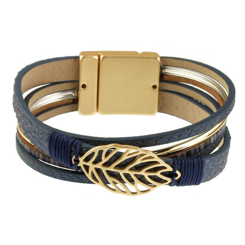 662-118 - LIGHT MATTE GOLD/NAVY LEAF BRACELET - 7.25"
