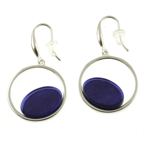 375-28- SHINY SILVER/DARK BLUE CIRCLE EARRING 