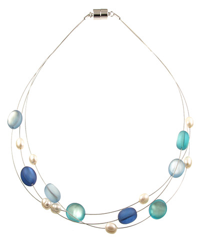 7383-29 - MULTI STRAND RESIN & PEARL NECKLACE - DARK BLUE/TURQUOISE COMBINATION - 18"