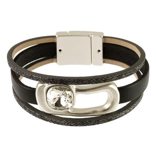 699-4 - MATTE SILVER/BLACK/CLEAR GLASS BRACELET - 7.25"