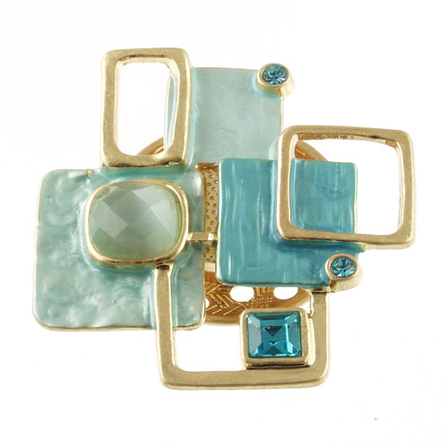 3155-2 - MAGNETIC MATTE GOLD/GEOMETRIC AQUA TONE BROOCH 