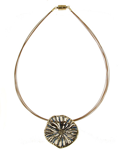 730-2 - TEXTURED ROUND ORGANIC PENDANT - GOLD/BLUE - 18"