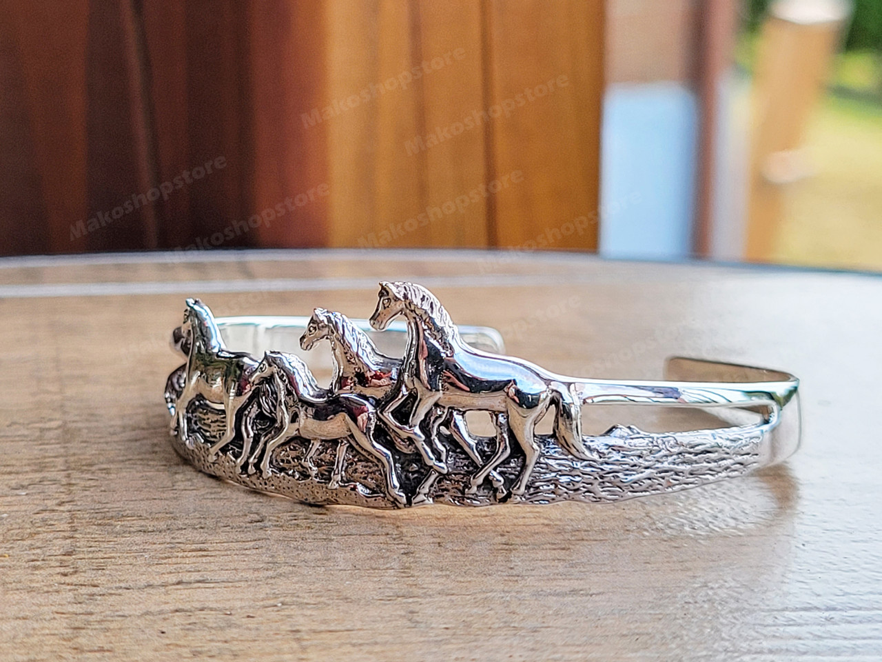 Sterling Silver 925 Horse Herd Galloping women Cuff Bracelet