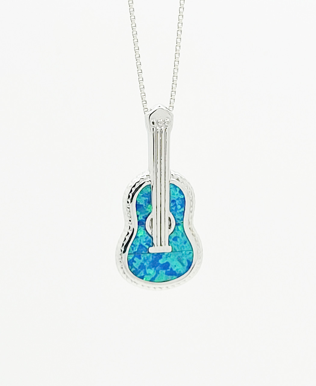 Classic Guitar Sterling Silver 925 Pendant with Blue Opal Inlay