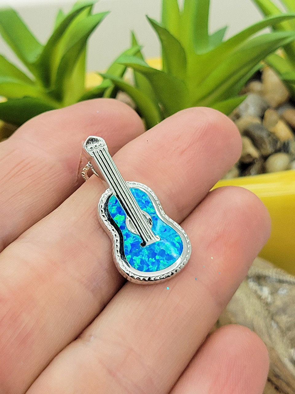 Classic Guitar Sterling Silver 925 Pendant with Blue Opal Inlay