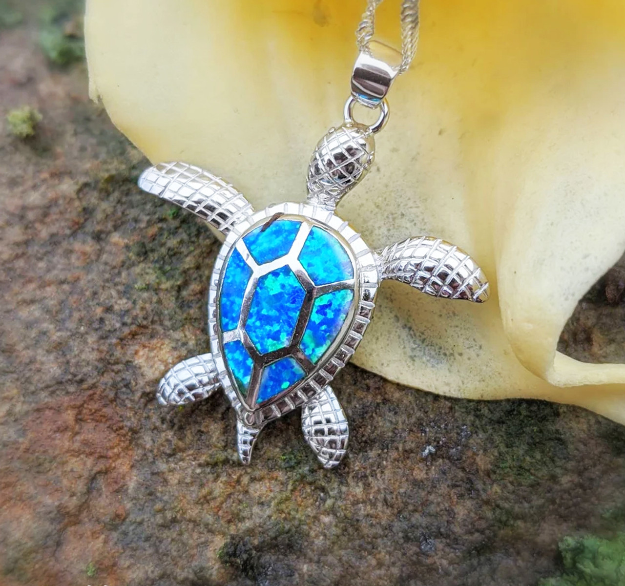 Large Sea Turtle Sterling Silver 925 Pendant with Deep Blue Fire Opal Inlay