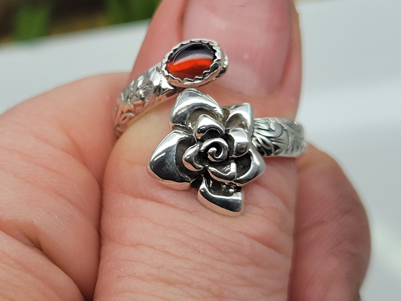 3D Rose adjustable spoon ring with gemstone Sterling Silver 925