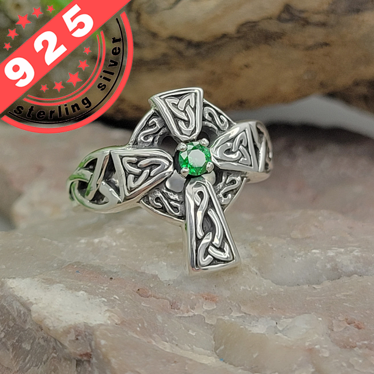 2-1/4 x 1-3/8 inch Celtic Cross with Green Crystal Center Key Chain