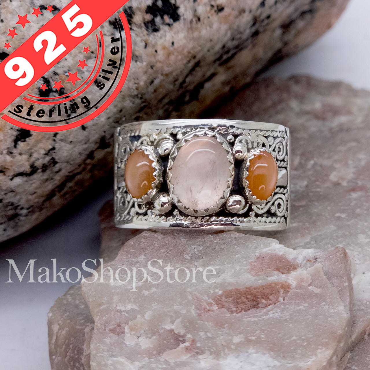 Genuine Rose Quartz and Peach Moonstones Ring in Sterling Silver 925