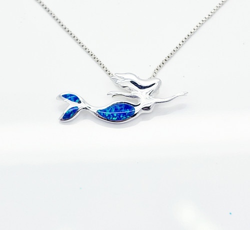 Mermaid Silhouette pendant inlaid with Blue Fire Opal in Sterling Silver 925