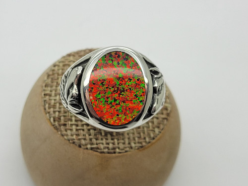 Wolf Heads Inlaid Fire Opal Ring in Sterling Silver 925