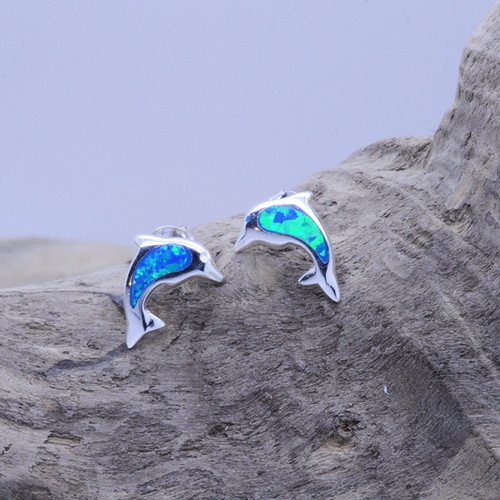 Dolphin Sterling Silver 925 Stud Earrings with Blue Opal Inlay